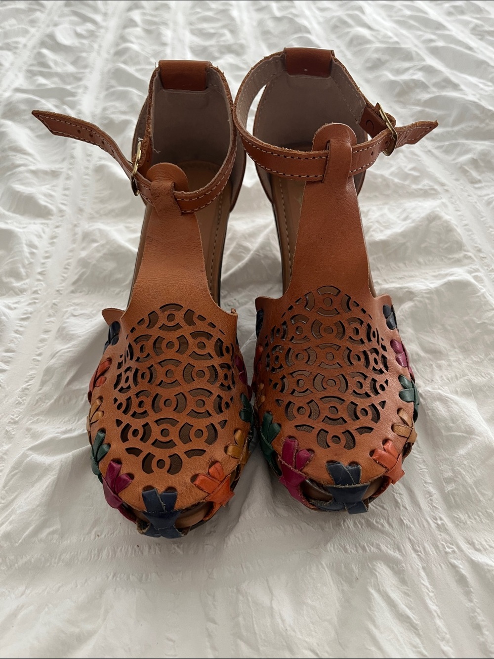 Brown Floral Cutout Wedge Sandals with Ankle Strap - Picture 4 of 4